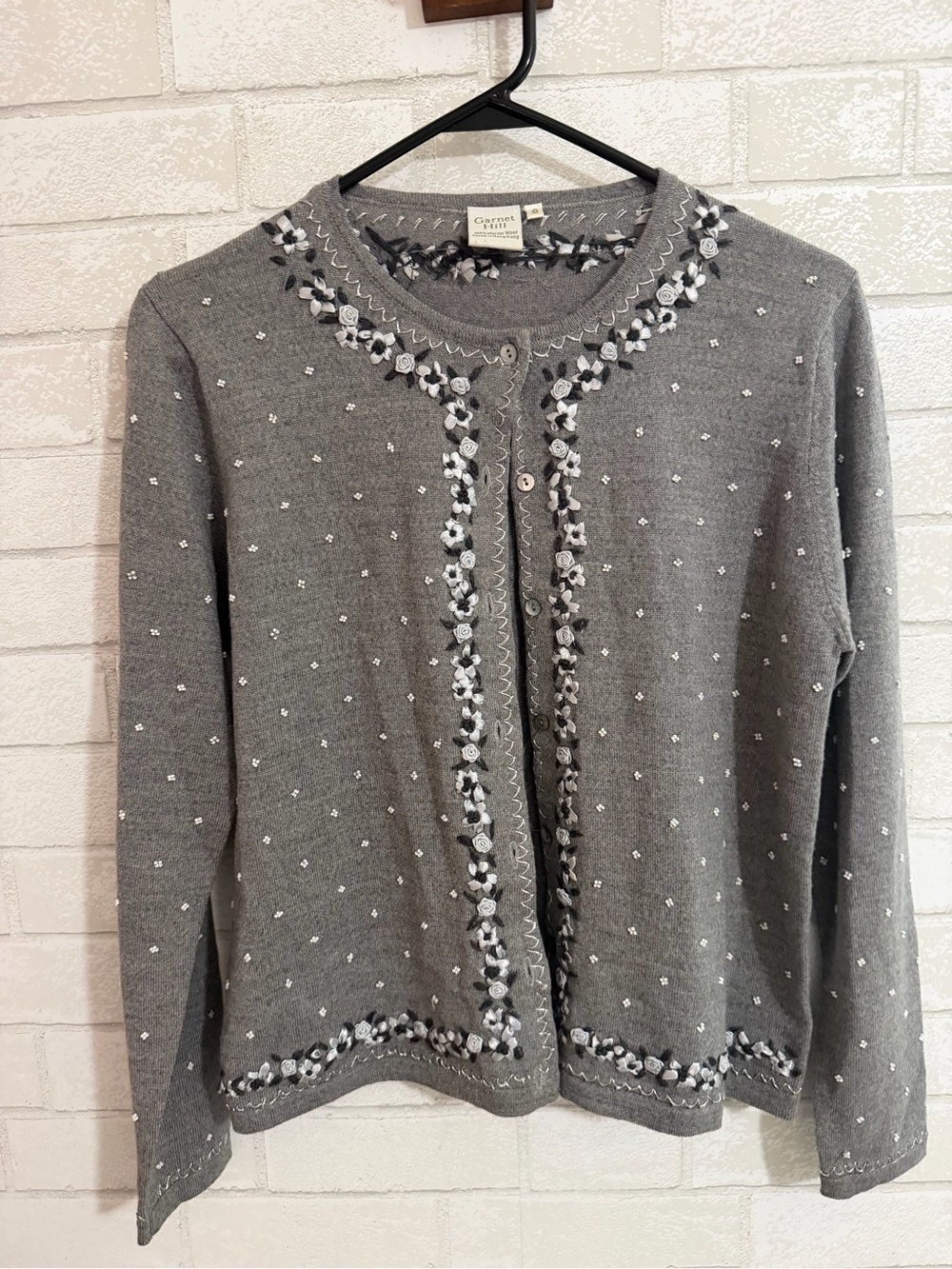 Garnet Hill 100% Wool Embroidered Beaded Cardigan Sweater Gray - TLC Small